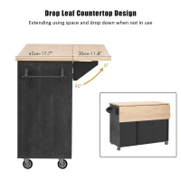 Farmhouse Kitchen Island with Drop Leaf, Internal Racks, Adjustable Shelves, Rolling Cart on Wheels with Towel Rack, 51" L x 29.5" W x 36" H, Black(m-7)