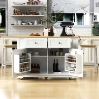 Kitchen Island with 2 Bar Stools, Power Outlet, Internal Rack, 5 Wheels, Drop Leaf, 2 Drawers, Adjustable Shelves, 48" L x 29.5" W x 37" H, White(m-12)