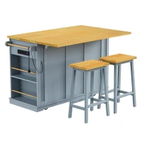 Kitchen Island with 2 Bar Stools, Power Outlet, Internal Racks, 5 Wheels, Drop Leaf, Adjustable Shelves, 53" L x 29.5" W x 36.5" H, Gray+Blue(m-16)