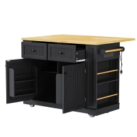Kitchen Island with 2 Bar Stools, Power Outlet, Internal Rack, 5 Wheels, Drop Leaf, Adjustable Shelves, 2 Drawers, 48" L x 29.5" W x 37" H, Black(m-16)