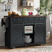 Farmhouse Kitchen Island with 2 Sliding Barn Doors, Power Outlet, Drop Leaf, Spice Rack, Utility Cart on Wheels, 54" L x 29" W x 37" H, Black(m-1)