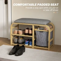 HOMCOM Bamboo Entryway Bench, Shoe Storage Bench with Cushion, Slat Shelves, Pull-Out Basket for Hallway, Entryway, Nature Wood(m-4)