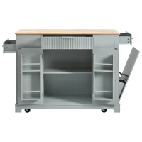 Fluted Kitchen Island with Trash Can Storage, Power Outlet, Adjustable Shelves, 3 Drawers, 3 Side Racks, 48.5" L x 20.5" W x 36.5" H, Gray+Blue(m-15)