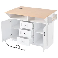 Kitchen Island Cart with Dual Drop Leaf, Power Outlet, Adjustable Shelves, Spice and Towel Rack, 3 Drawers, 56" L x 34" W x 36.5" H, White(m-14)