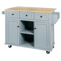 Kitchen Cart with Wood Drop-Leaf Countertop, Internal Storage Racks, Utility Island with Cabinets and Drawers, 53" L x 29.5" W x 37" H, Blue(m-13)