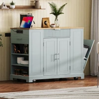 Fluted Kitchen Island with Trash Can Storage, Power Outlet, Adjustable Shelves, 3 Drawers, 3 Side Racks, 48.5" L x 20.5" W x 36.5" H, Gray+Blue(m-12)