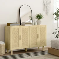 HOMCOM Boho Sideboard Buffet Cabinet, Storage Cabinet with 4 Rattan Doors and Adjustable Shelves, Natural(m-8)