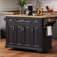 Kitchen Island Cart with Rubber Wood Drop Leaf, Embossed Texture, Rolling Cart with 4 Doors, 3 Drawers, Adjustable Shelves, Black(m-1)