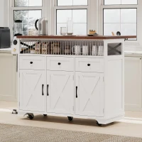Farmhouse Kitchen Island Cart with Beaded Drape, Power Outlet, Drop Leaf, Rolling Wheels, 3 Doors, 3 Drawers, Adjustable Shelves, White(m-1)