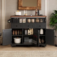Farmhouse Kitchen Island Cart with Beaded Drape, Power Outlet, Drop Leaf, Adjustable Shelves, Perfect for Kitchen and Dining Room, Black(m-9)