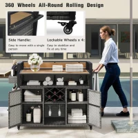 Outdoor Grill Cart with Extended Table Top, Rolling Kitchen Island on Wheels with Storage Cabinet, Double Handle, 53" L x 28.3" W x 41.5" H, Gray(m-5)