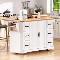 Kitchen Island with Power Outlet and Drop Leaf, 4 Door Shelves, Rolling Cart with Adjustable Shelves, Hidden Wheels, 55.5" L x 30" W x 36" H, White(m-1)