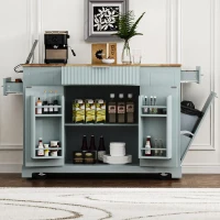 Fluted Kitchen Island with Trash Can Storage, Power Outlet, Adjustable Shelves, 3 Drawers, 3 Side Racks, 48.5" L x 20.5" W x 36.5" H, Gray+Blue(m-11)