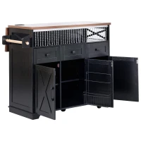 Farmhouse Kitchen Island Cart with Beaded Drape, Power Outlet, Drop Leaf, Adjustable Shelves, Perfect for Kitchen and Dining Room, Black(m-15)