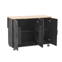Farmhouse Kitchen Island with Drop Leaf, Internal Racks, Adjustable Shelves, Rolling Cart on Wheels with Towel Rack, 51" L x 29.5" W x 36" H, Black(m-15)
