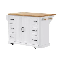 Kitchen Island with Power Outlet and Drop Leaf, 4 Door Shelves, Rolling Cart with Adjustable Shelves, Hidden Wheels, 55.5" L x 30" W x 36" H, White(m-15)