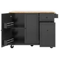 Kitchen Island with 3-Tier Pull-Out Cabinet Organizer, Wood Drop Leaf, Storage Racks, Rolling Cart on Wheels, 54" L x 29" W x 37" H, Black(m-13)