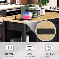 Kitchen Island with Extendable Dining Table, Rubber Wood Veneer, Internal Rack, Power Outlet, Drawers and Cabinets, 47" L x 33.5" W x 37" H, Black(m-8)