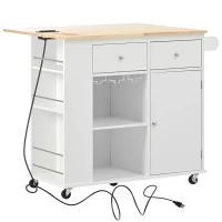 Kitchen Island with Power Outlet, Drop Leaf, Wine Rack, Adjustable Shelves, Utility Cart with Lockable Wheels, 40" L x 29.5" W x 34" H, White(m-12)