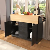 Kitchen Island with Dual Drop Leaf, 3 Drawers, 5 Wheels, Power Outlet, Adjustable Shelves, Spice and Towel Rack, 56" L x 34" W x 36.5" H, Black(m-10)