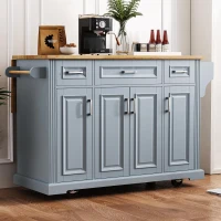 Kitchen Island Cart with Rubber Wood Drop Leaf, Embossed Texture, Adjustable Shelves, Hidden Wheels, 3 Drawers, 54" L x 29.5" W x 36" H, Grey+Blue(m-1)