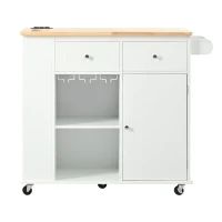 Kitchen Island with Power Outlet, Drop Leaf, Wine Rack, Adjustable Shelves, Utility Cart with Lockable Wheels, 40" L x 29.5" W x 34" H, White(m-2)