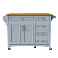 Kitchen Island with Drop Leaf, Towel Rack, 5 Drawers, Adjustable Shelf, Mobile Cart on Wheels with Spice Rack, 52" L x 29.5" W x 36" H, Blue+Grey