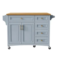 Kitchen Island with Drop Leaf, Towel Rack, 5 Drawers, Adjustable Shelf, Mobile Cart on Wheels with Spice Rack, 52" L x 29.5" W x 36" H, Blue+Grey(m-2)