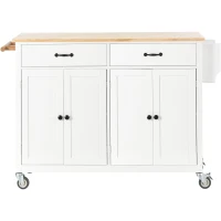 Kitchen Island Cart with 4-Door Cabinet, 2 Drawers, Solid Wood Top, Spice and Towel Racks, Locking Wheels, 54.5" L x 18.5" W x 36" H, White(m-2)