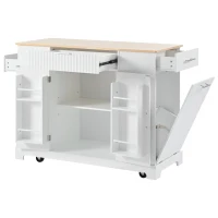 Fluted Kitchen Island with Trash Can Storage, Power Outlet, Internal Rack, Rolling Cart on 5 Wheels with 3 Drawers, 3 Open Side Racks, White(m-15)