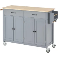 Kitchen Island Cart with 4-Door Cabinet, 2 Drawers, Solid Wood Top, Locking Wheels, Spice and Towel Racks, 54.5" L x 18.5" W x 36" H, Blue(m-13)