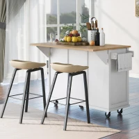 Kitchen Cart with 5 Wheels, 3 Drawers, Storage Cabinet, Central Island with Rubberwood Drop-Leaf Countertop, 53" L x 29.5" W x 37" H, White(m-10)