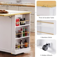 5-Wheel Kitchen Island Set with 2 Bar Stools, Shelves and Drawers, Power Outlet, Internal Rack, Utility Island with Drop Leaf, Bamboo Sticks, White(m-6)