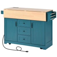 Kitchen Island Cart with Dual Drop Leaf, Rolling Design with Power Outlet, Adjustable Shelves, Spice and Towel Rack, 56" L x 34" W x 36.5" H, Green(m-2)