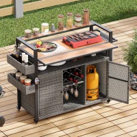 Outdoor Grill Cart with Extended Table Top, Rolling Kitchen Island on Wheels with Storage Cabinet, Double Handle, 53" L x 28.3" W x 41.5" H, Gray(m-10)