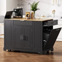 Fluted Kitchen Island with Trash Can Storage, Power Outlet, Internal Storage Rack, Rolling Design with 3 Drawers and Adjustable Shelves, Black(m-1)