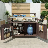 Outdoor Kitchen Island with Raised Shelf, Storage Cabinet, Stainless Steel Top, Rolling Grill Cart with Adjustable Shelves, Spice Rack, Brown(m-12)