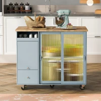 Kitchen Island with Wood Drop Leaf, LED Light, Fluted Glass Doors, Adjustable Shelf, Utility Cart with Rolling Wheels, 44" L x 27" W x 37" H, Blue(m-1)