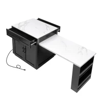 Kitchen Island with Extendable Dining Table for 4-6, Faux Marble Top, Double-Sided Storage, Power Outlet, 2 Drawers, 2 Side Open Shelves, Black(m-15)