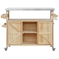 Outdoor Kitchen Island with Stainless Steel Top, Spice and Towel Rack, Rolling Bar Cart with Lockable Wheels, 50" L x 18.5" W x 36.5" H, Natural(m-2)