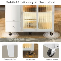 Kitchen Cart with Drop Leaf, LED Light, Sliding Glass Doors, Adjustable Shelf, Central Island with Rolling Wheels, 44" L x 27" W x 37" H, White(m-5)