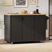 Fluted Kitchen Island with Drop Leaf, Adjustable Shelves, Mobile and Stationary Options, Rolling Cart with Internal Storage, Towel Rack, Black(m-1)