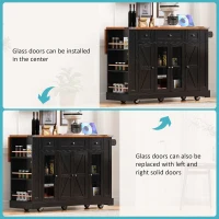 Farmhouse Kitchen Island with Tempered Glass Doors, Power Outlet, Rolling Cart with Drop Leaf, 5 Racks, 3 Drawers, 53" L x 29.5" W x 36" H, Black(m-8)