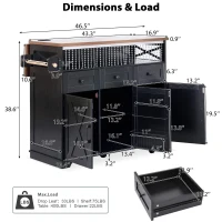 Farmhouse Kitchen Island Cart with Beaded Drape, Power Outlet, Drop Leaf, Adjustable Shelves, Perfect for Kitchen and Dining Room, Black(m-3)