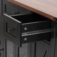 Farmhouse Kitchen Island with Tempered Glass Doors, Power Outlet, Rolling Cart with Drop Leaf, 5 Racks, 3 Drawers, 53" L x 29.5" W x 36" H, Black(m-14)