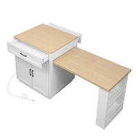 Kitchen Island with Extendable Table, Double-Sided Storage, Power Outlet, Adjustable Shelves, Lockable Wheels, 83" L x 27.5" W x 36" H, White Oak(m-15)