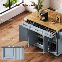 Kitchen Island Cart with Rubber Wood Drop Leaf, Embossed Texture, Adjustable Shelves, Hidden Wheels, 3 Drawers, 54" L x 29.5" W x 36" H, Grey+Blue(m-5)