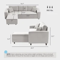 HOMCOM Corner Sofa with Reversible Chaise Lounge, Corduroy L-Shaped Sectional Sofa with Pocket Spring, Light Gray(m-3)