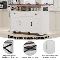 Farmhouse Kitchen Island Cart with Beaded Drape, Power Outlet, Drop Leaf, Rolling Wheels, 3 Doors, 3 Drawers, Adjustable Shelves, White(m-6)