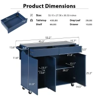 Kitchen Island with Drop Leaf, Rolling Cart with Spice and Towel Rack, 2 Drawers, Adjustable Shelves, 53.5" L x 27.5" W x 36.5" H, Navy Blue(m-3)